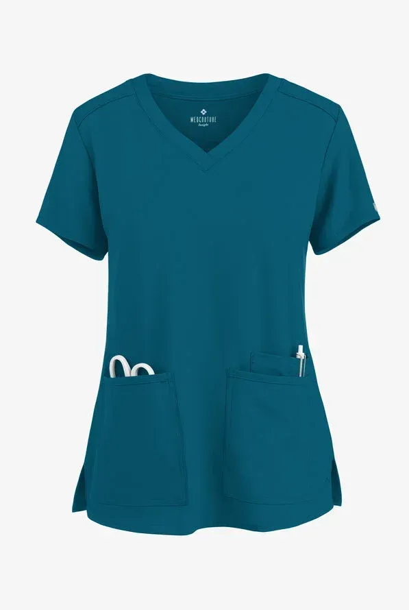 Teal V-neck scrub top with two front pockets, side slits, and small pen/scissor loops.