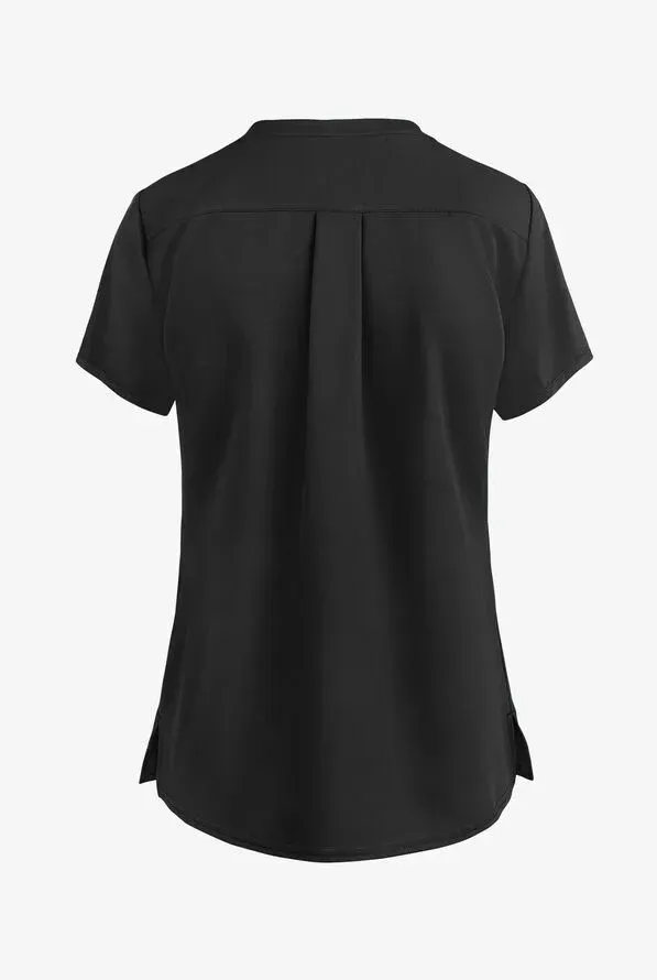 Back view of a black short-sleeved top with a pleated back detail.