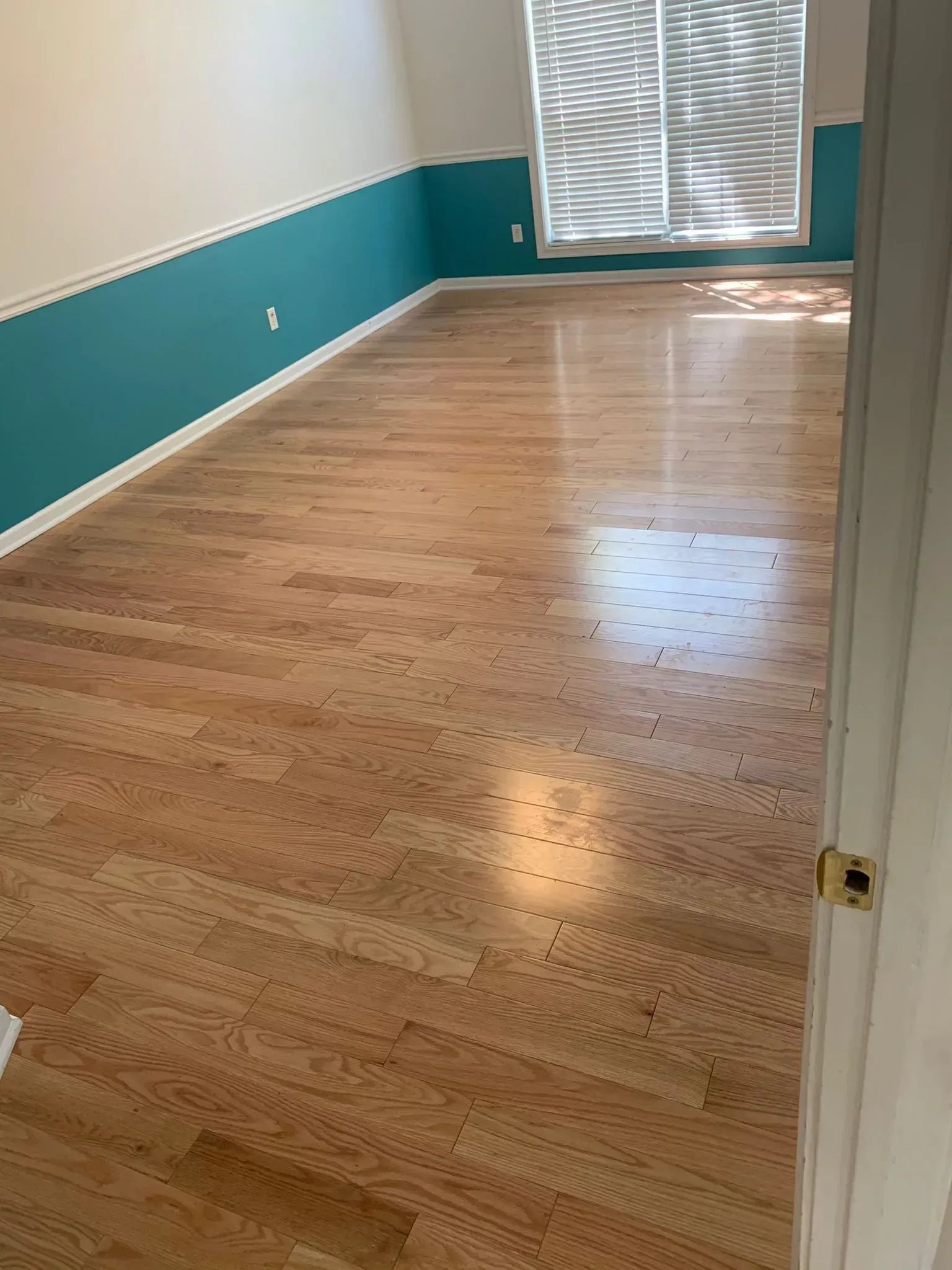 Empty room with glossy hardwood floor, teal walls, and a window with blinds.