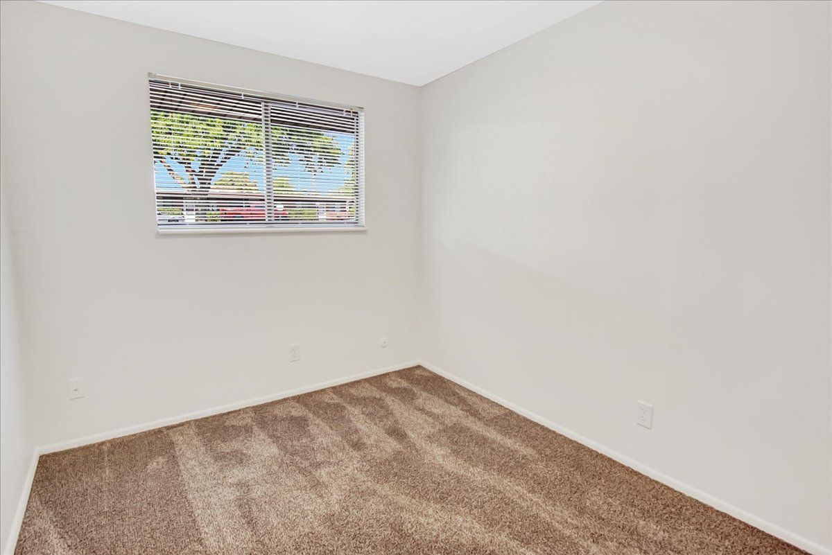 Empty room with tan carpet, a window with blinds, and white walls.