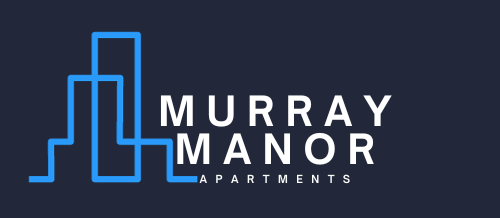 Murray Manor Apartments logo: blue outlined building graphic, white text on dark blue background.