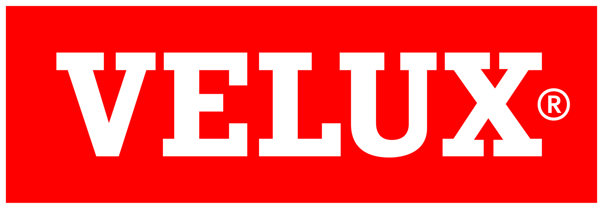 A red and white velux logo on a white background