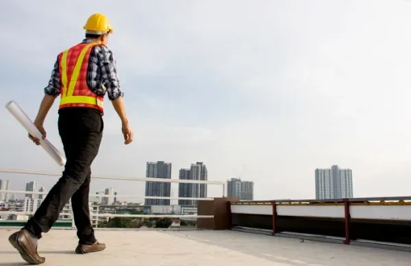 A construction worker is walking on a rooftop holding a blueprint.
