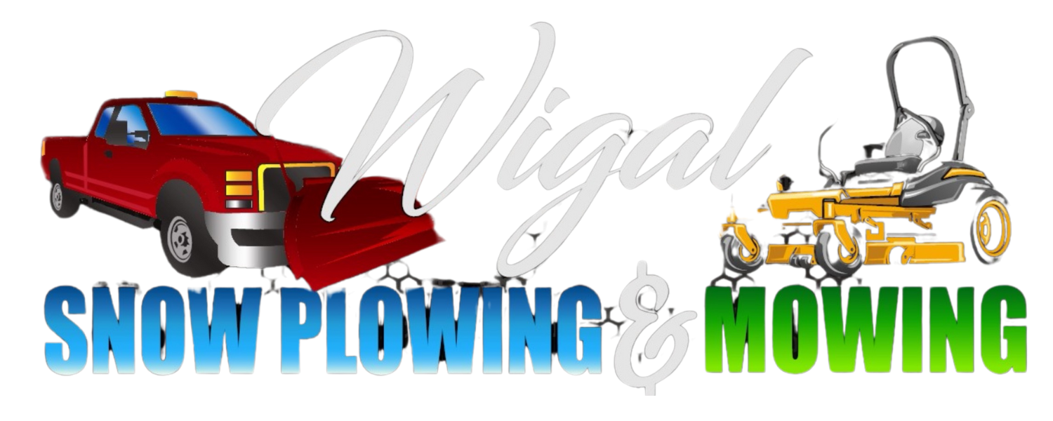 Red truck plowing snow and yellow lawn mower mowing, with &ldquo;Snow Plowing & Mowing&rdquo; text