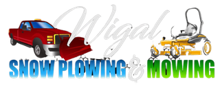 Red truck plowing snow and yellow lawn mower mowing, with &ldquo;Snow Plowing & Mowing&rdquo; text