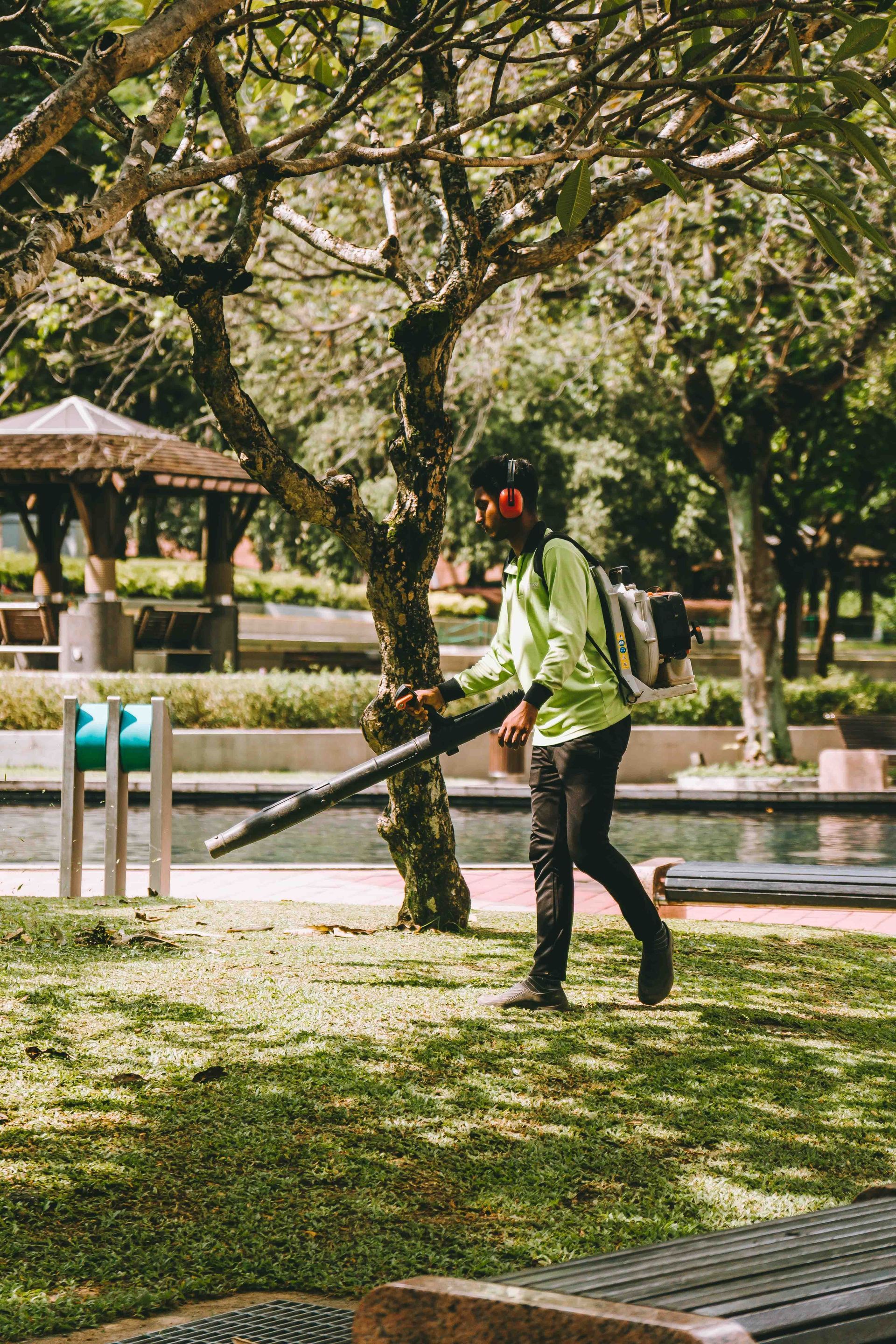Person using a leaf blower in a park with trees and grass.