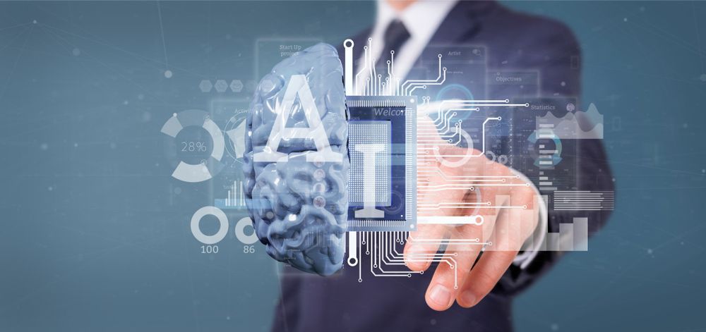 A professional in a suit gestures toward a digital graphic showing a human brain merged with a circuit board labeled