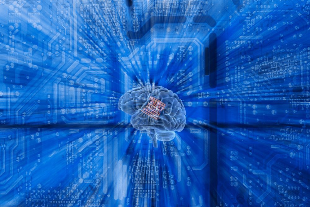 a computer generated image of a brain with a chip in it