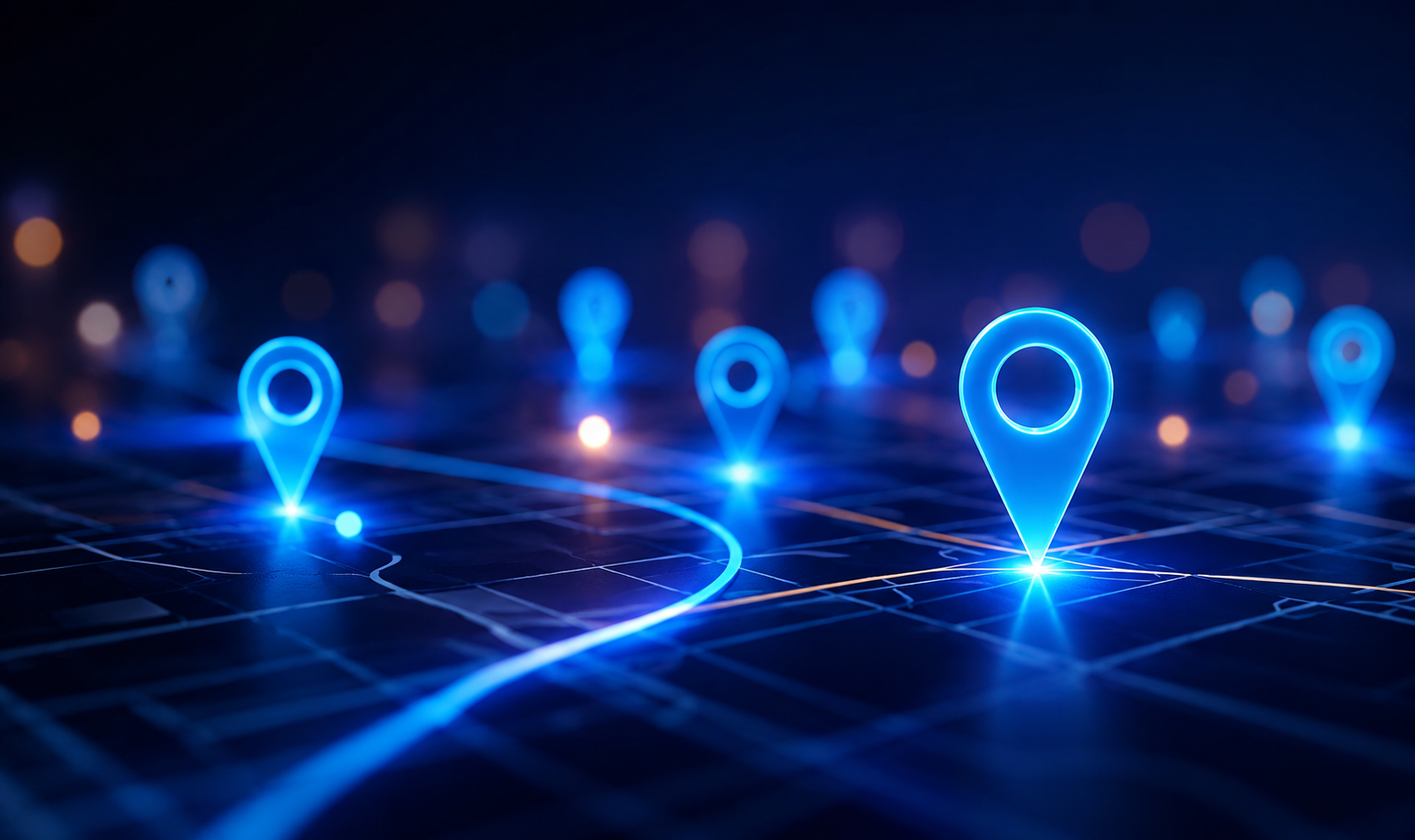 Glowing blue location pins on a digital network map with connecting lines