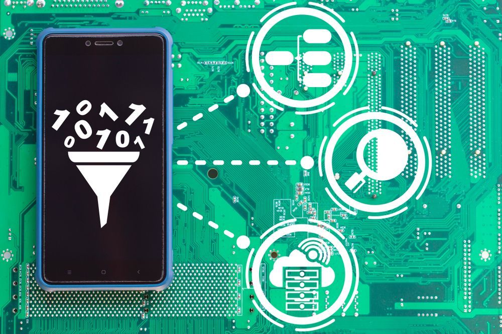 Smartphone with funnel icon and floating analytics icons on a green circuit-board background