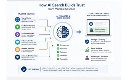 Infographic showing how AI search builds trust from multiple sources, with a central AI icon and supporting metrics.
