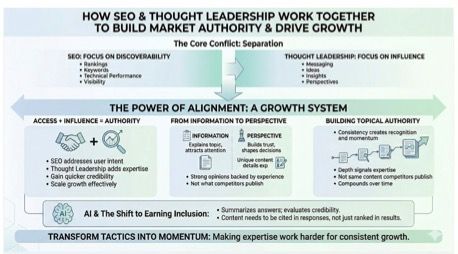 Infographic on thought leadership and market authority, with teal sections and a growth strategy framework.