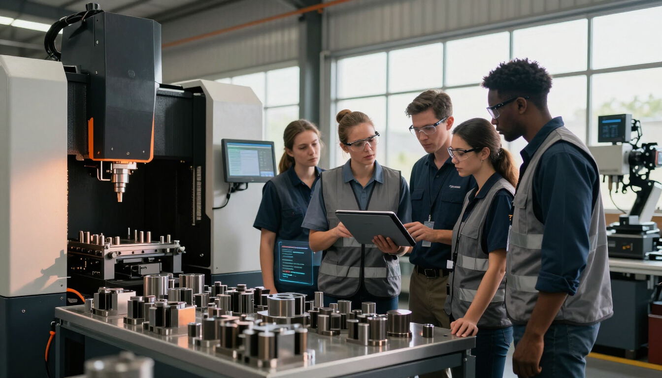 Manufacturing leaders collaborating with AI tools on a modern factory floor