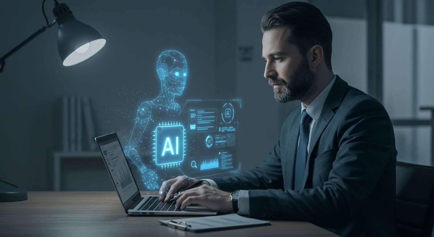Man in suit working on laptop, with AI hologram and data visualizations floating in front of him.