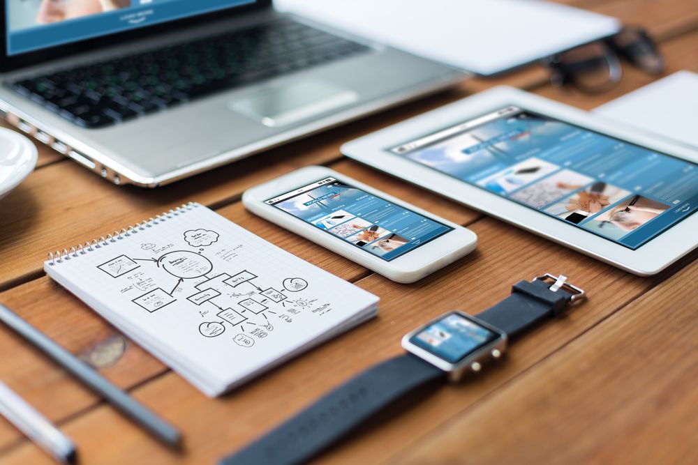 laptop, tablet, smartphone and design graph on table