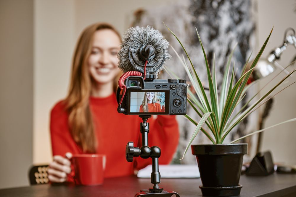 Woman filming a tabletop video with a camera, red sweater, microphone, and potted plant on a desk