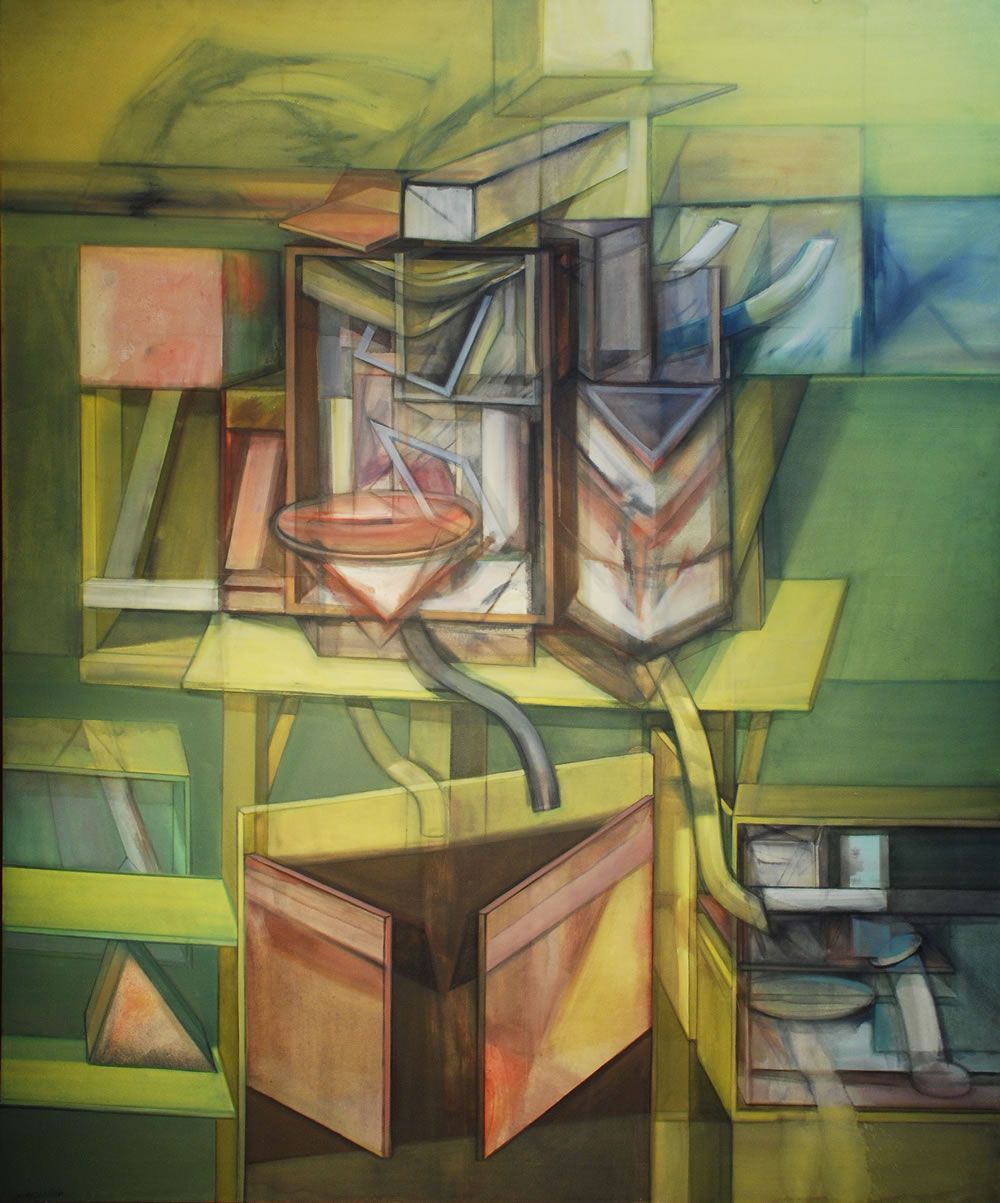 An abstract oil painting in shades of green and ochre, featuring geometric structures, containers, and flowing forms.