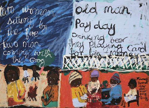 Painting of figures by a fire and playing cards, with handwritten text describing the scene and orange and blue backgrounds.