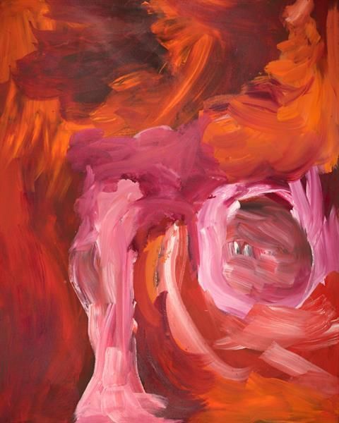 Abstract expressionist painting with bold, swirling brushstrokes of vibrant reds, oranges, and deep pinks.