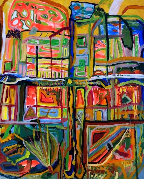 Abstract painting with a grid-like structure, featuring vibrant, layered shapes in red, yellow, blue, and green hues.