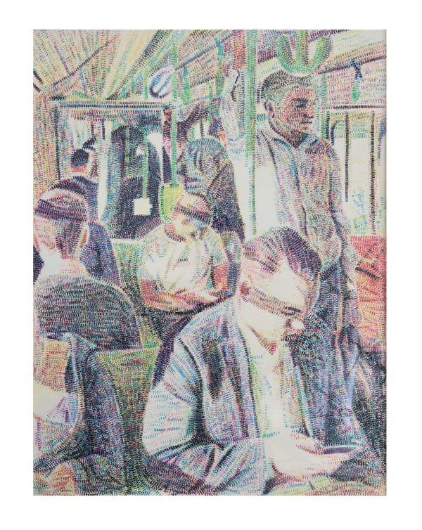 A pointillist-style painting of commuters sitting and standing on a train, rendered in soft, dappled tones of color.