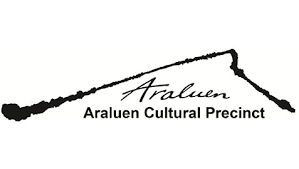 The logo for the Araluen Cultural Precinct, featuring stylized black calligraphy above the black text.