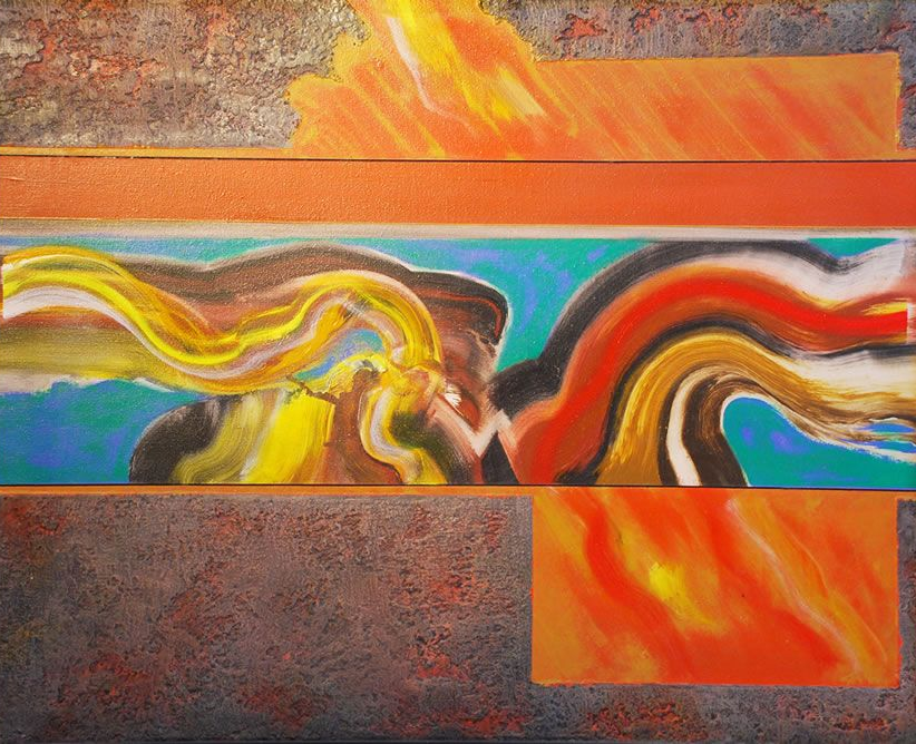 Abstract painting with textured grey panels framing a central, horizontal band of fluid, swirling waves of color.