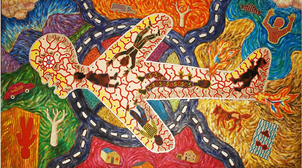 A stylized human silhouette filled with a red circulatory pattern, surrounded by a colorful, winding road and landscape.