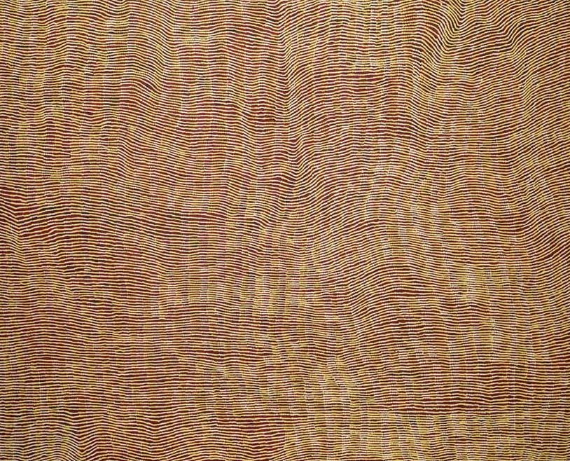 A repeating pattern of wavy, horizontally-oriented gold and dark brown lines, creating a subtle moiré effect.
