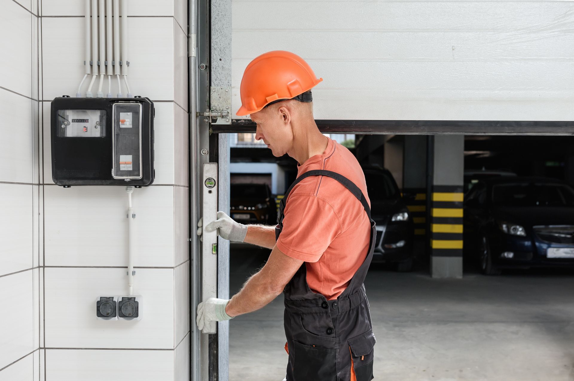 A worker in an orange helmet, performing local garage door services, checking with the water level.