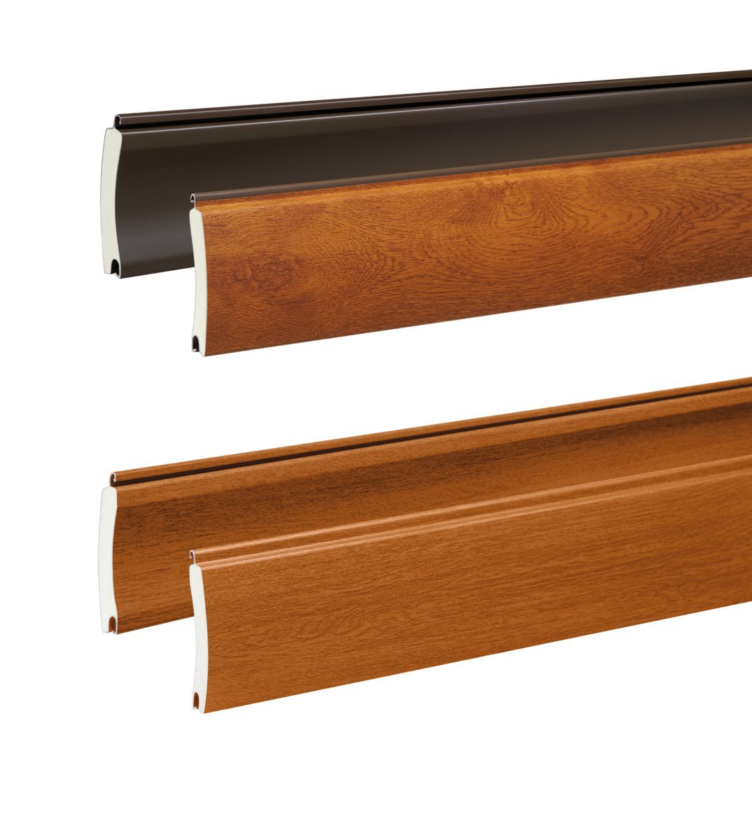 Two horizontal strips of wood-finish skirting board or molding, one dark brown and one light wood tone.