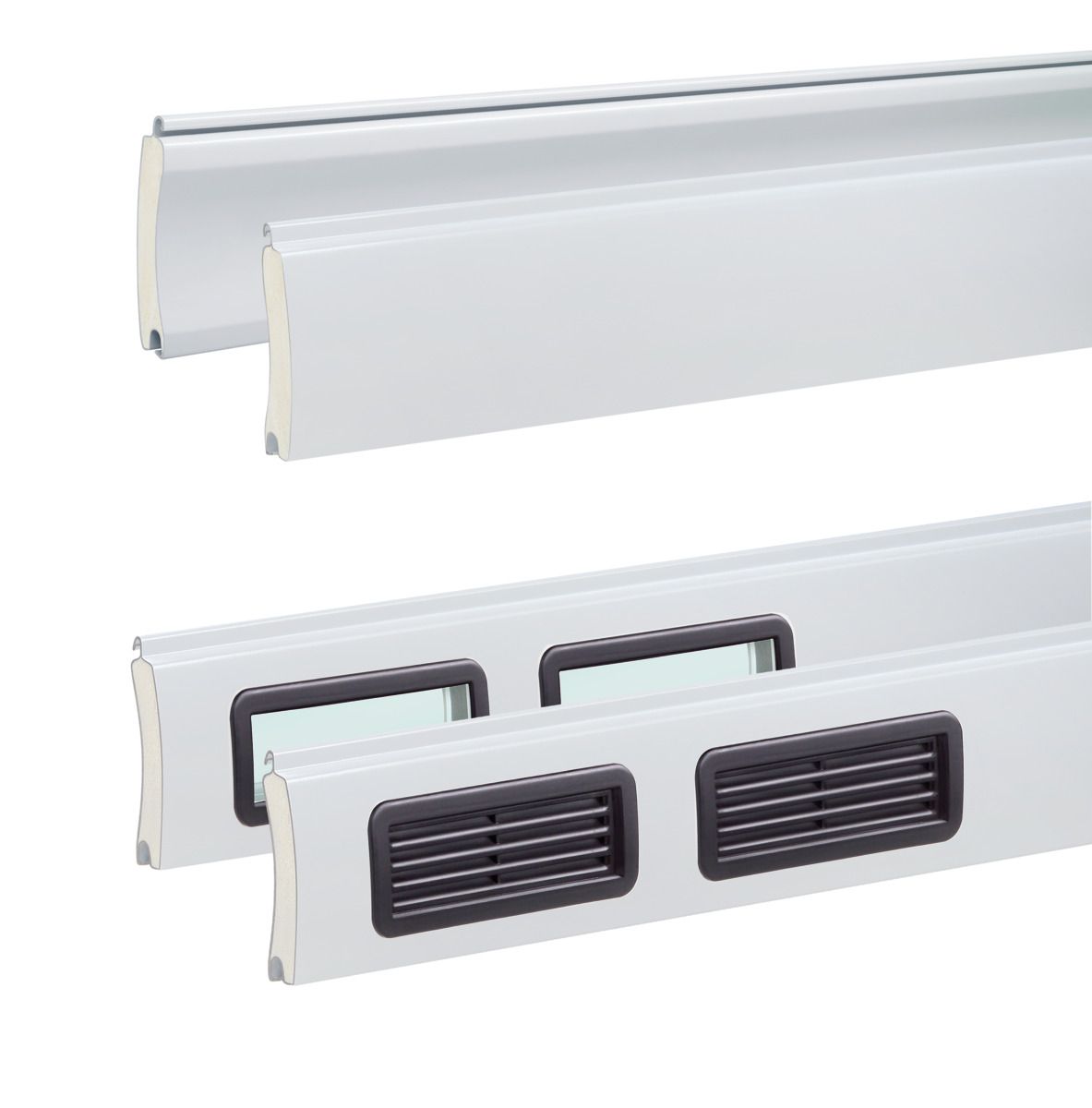 Two white, horizontal window sill profiles, one plain and one with two black rectangular ventilation grilles installed.