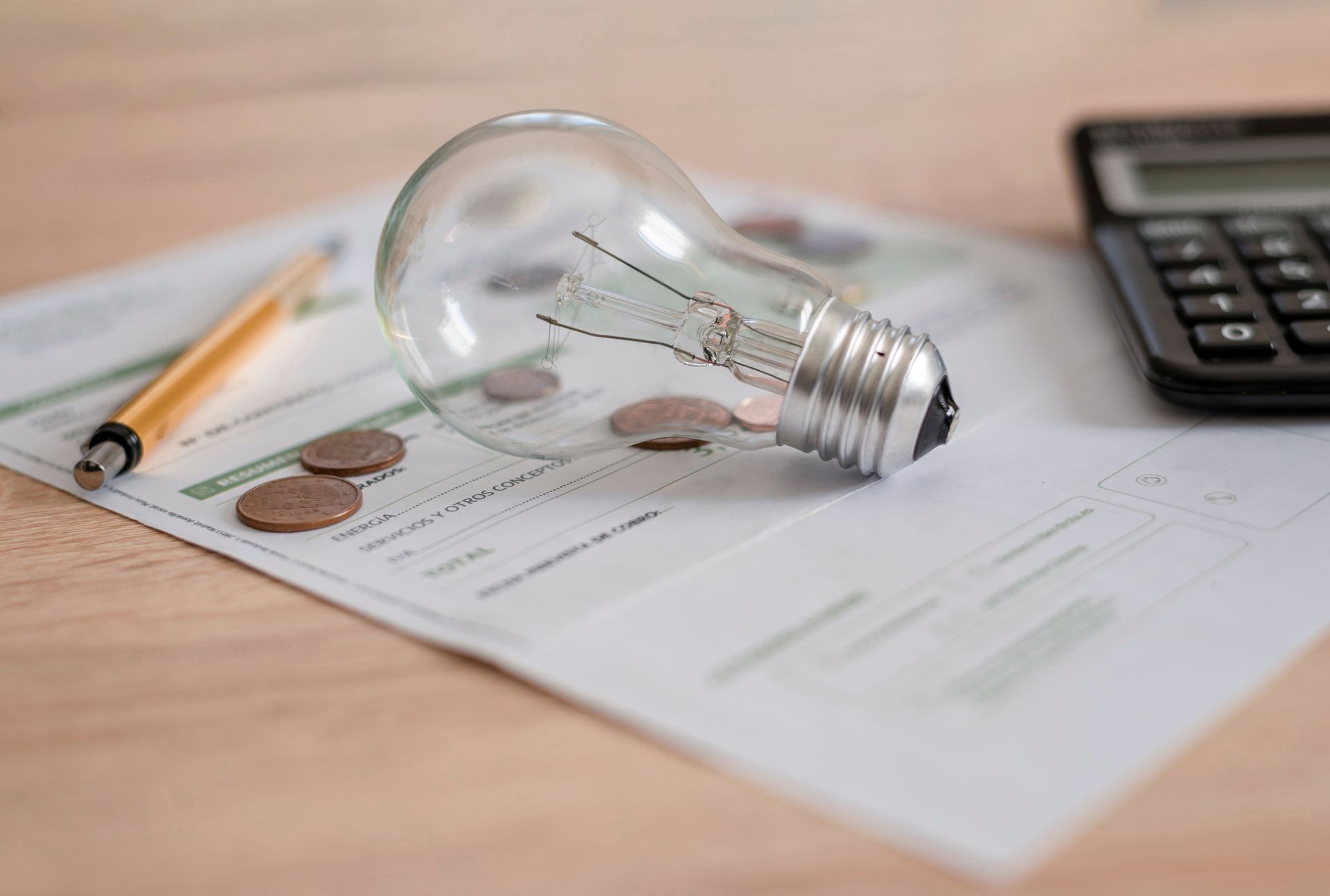 Light bulb on finance papers beside a pencil and calculator on a desk