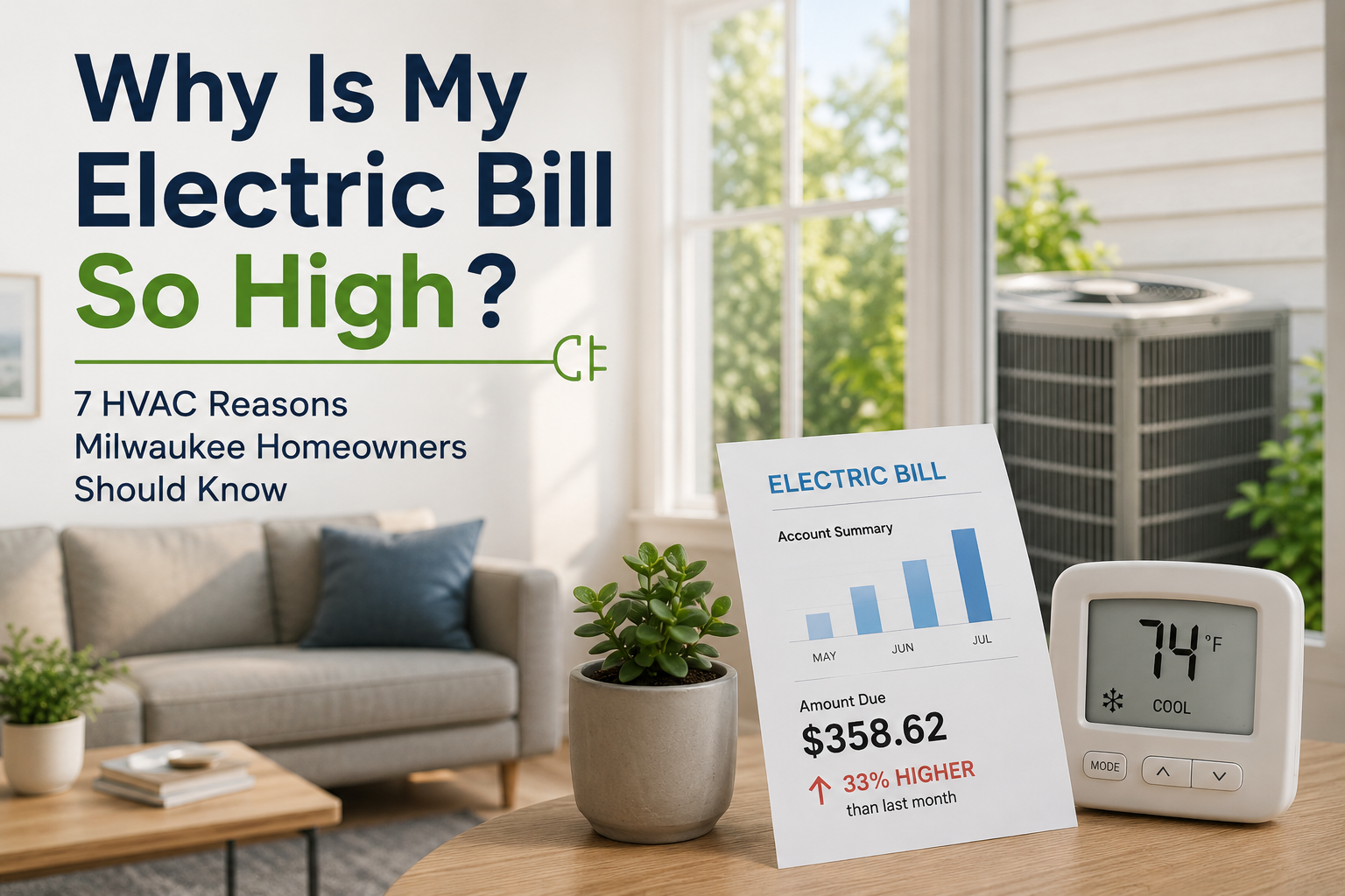 Banner about high electric bills in a bright living room with a thermostat and utility bill