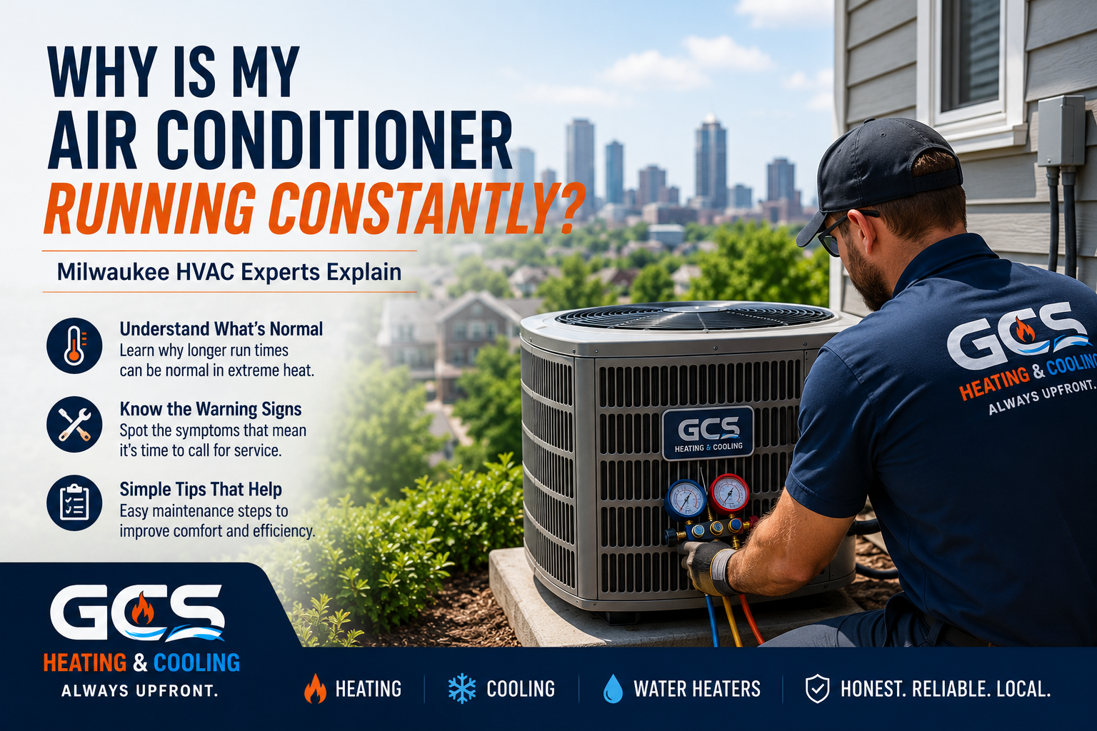 HVAC technician inspects outdoor AC unit beside text asking why an air conditioner runs constantly