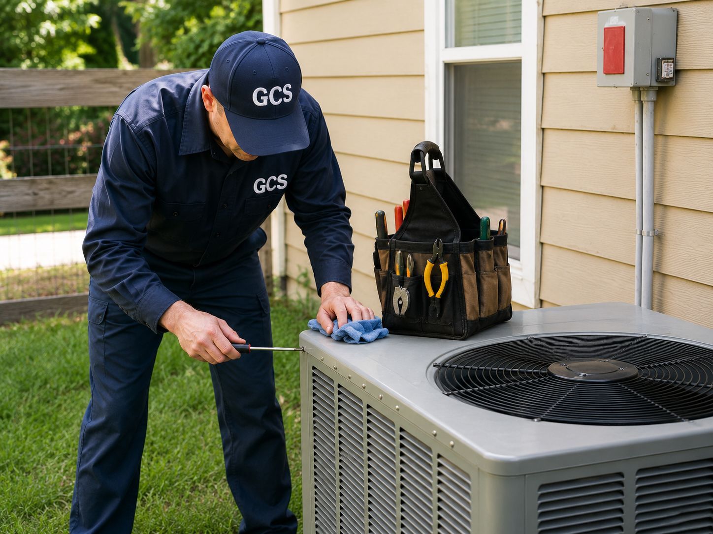 Technician inspecting an outdoor HVAC unit with tools beside a house.