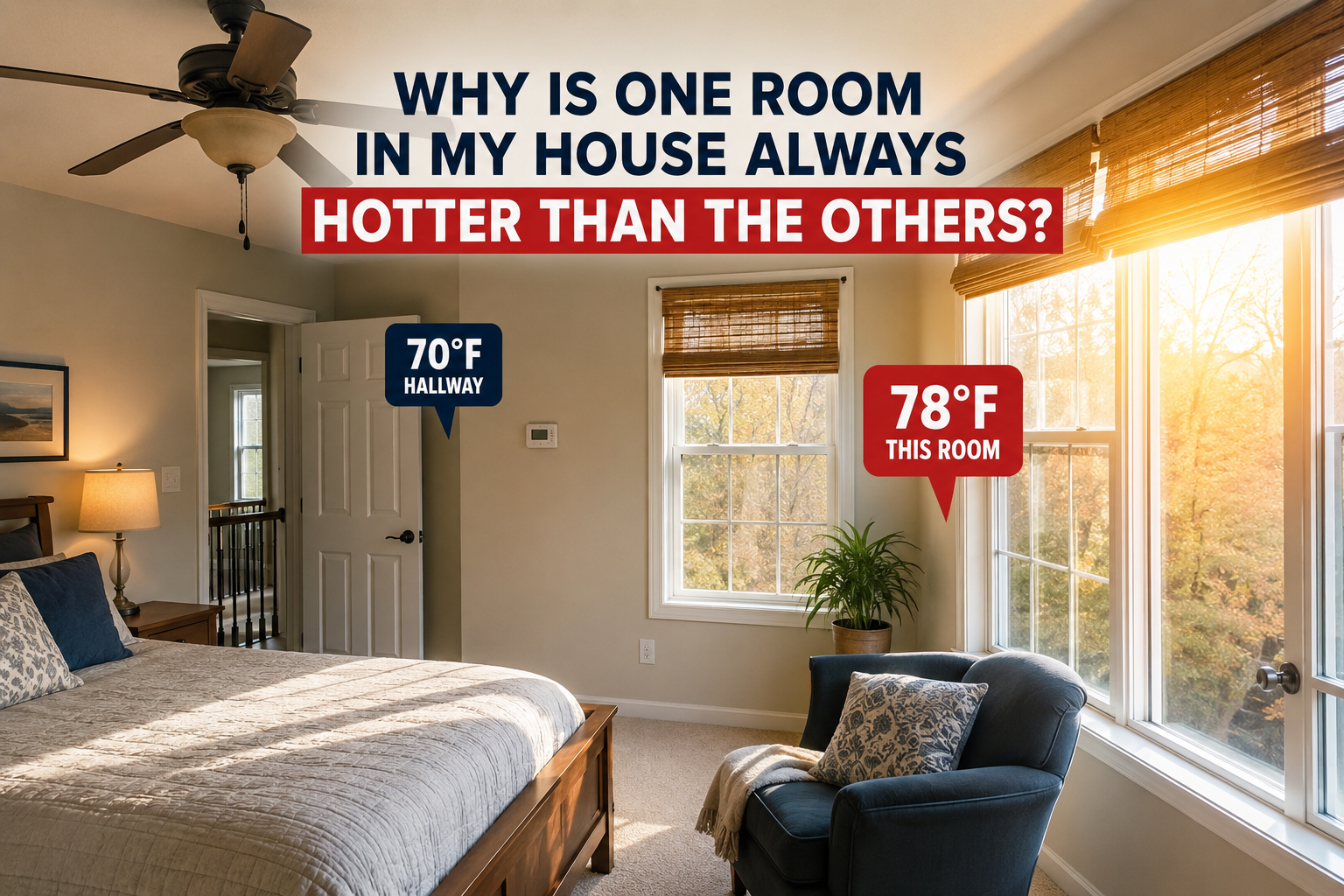 Bedroom with sunlight by a window, showing 70°F by the bed and 78°F near the window.