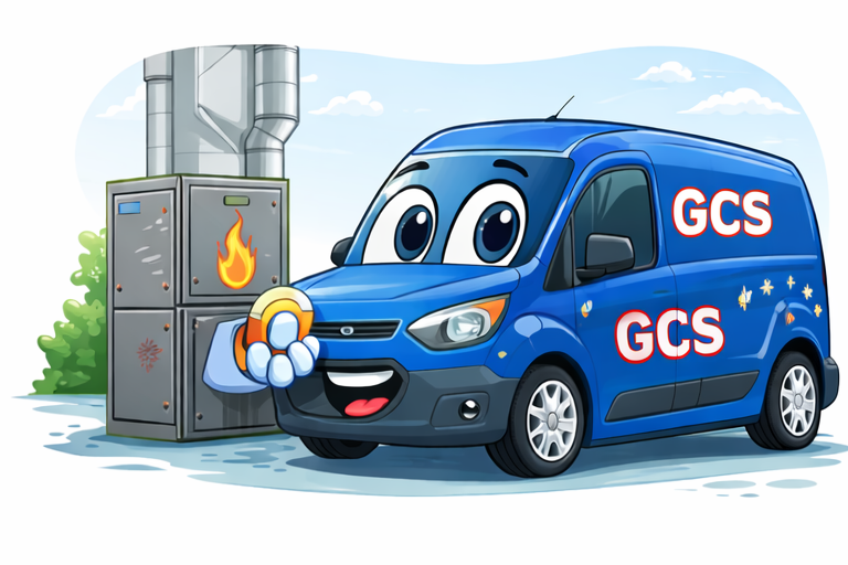 Blue GCS van at a furnace, smiling and holding a glowing ball in a snowy industrial scene