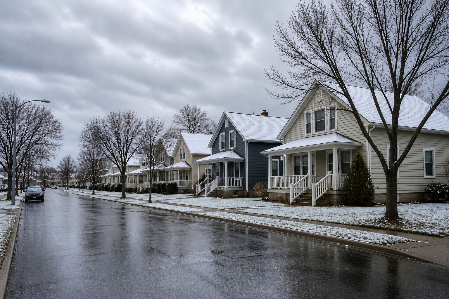 Snow-dusted suburban street with houses, leafless trees, and a wet road under cloudy skies