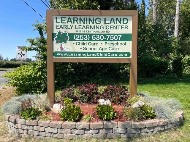 Sign for Learning Land Early Learning Center with contact information and services offered.