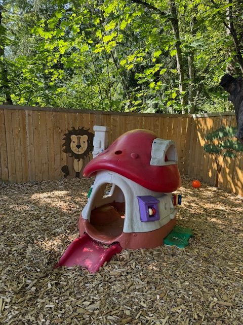 Playhouse with red roof and slide in a wood chip-covered playground, wooden fence backdrop, and trees.