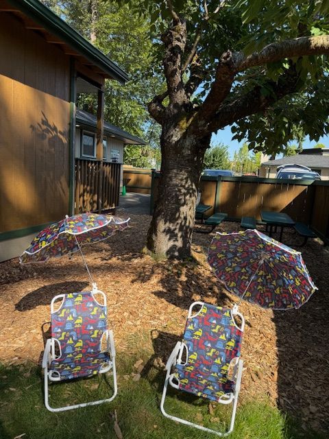 Two beach chairs with colorful umbrellas under a large tree and a brown building.