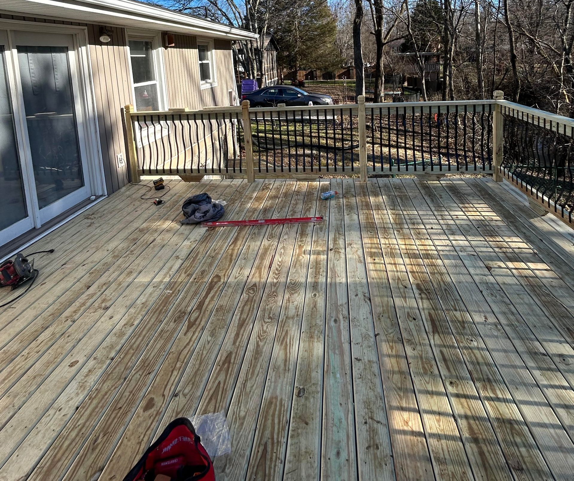 Custom pressure treated wood deck with metal spindles