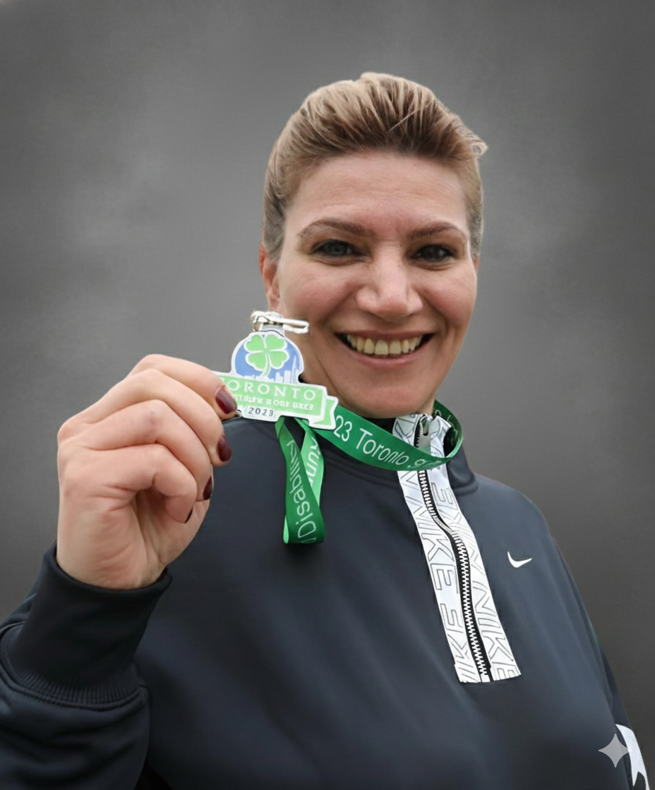 Woman smiling, holding a medal with a shamrock design; wearing a dark sweater with a white stripe and a Nike logo.