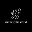 White outline of a person running, with speed lines, over "running the world" text, on a black background.