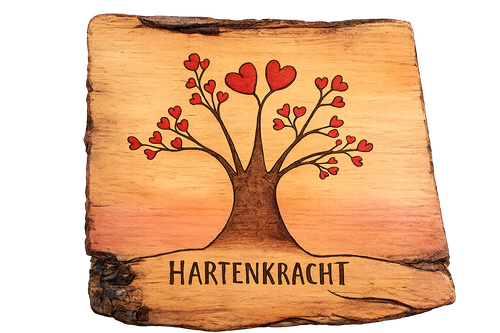 Houten plaquette met een hartvormige boom en rode harten, met het opschrift 