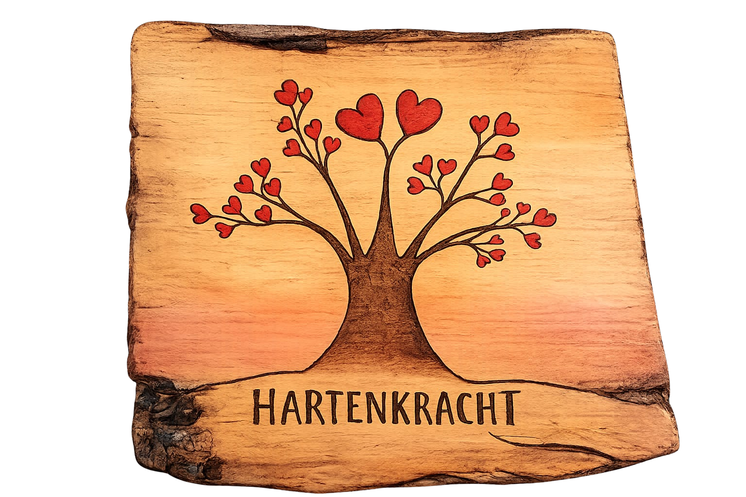Houten bord met een hartvormige boom en het woord 