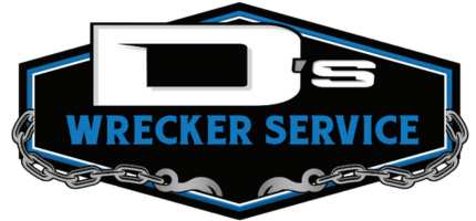 D’s Wrecker Service logo with blue and white text on a black shield, outlined in silver chain