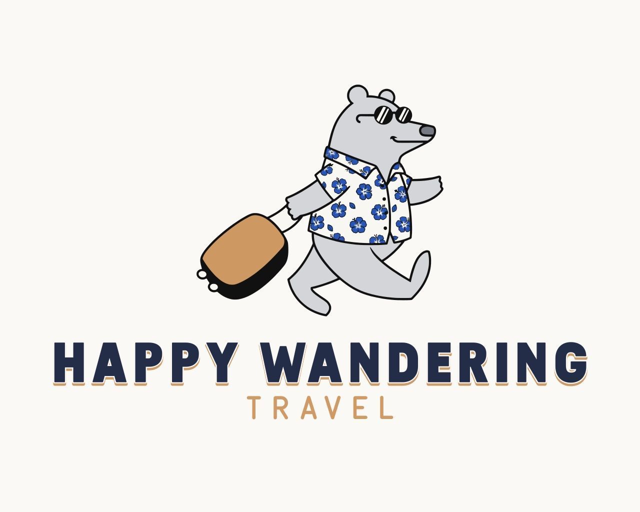 Cartoon bear wearing sunglasses and a floral shirt, carrying a brown suitcase with words: Happy Wandering Travel