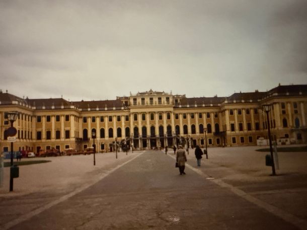 Picture of the yellow Schonbrun Palace on an overcast day